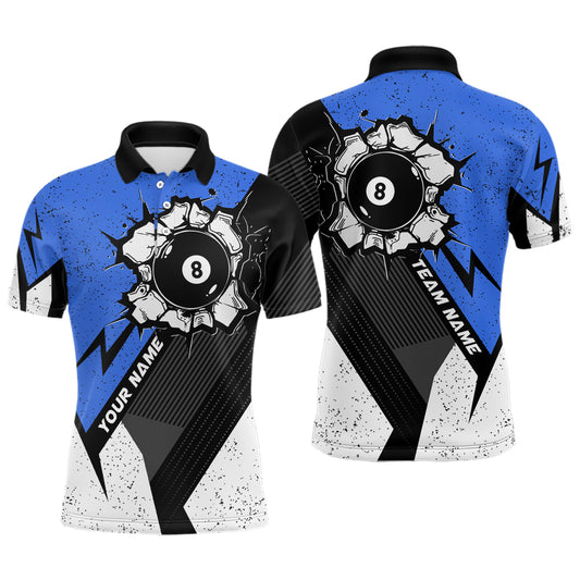 Personalized Style Blue Grunge 8 Ball Billiard 3D Polo Shirts For Men, 8 Ball Pool Team Jerseys VHM1064