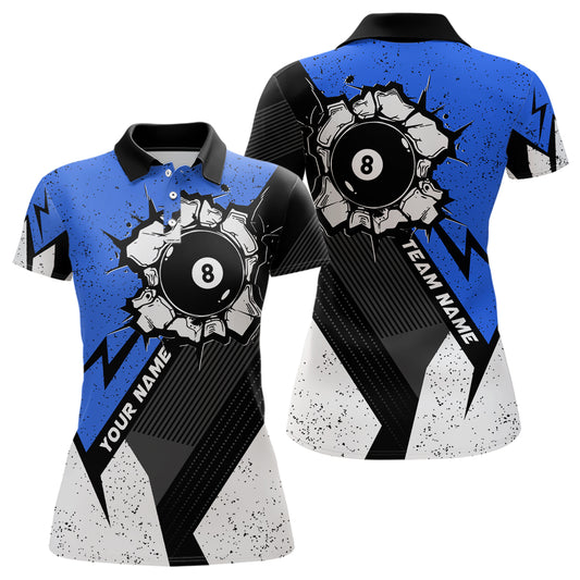 Personalized Style Blue Grunge 8 Ball Billiard 3D Polo Shirts For Women, 8 Ball Pool Team Jerseys VHM1064