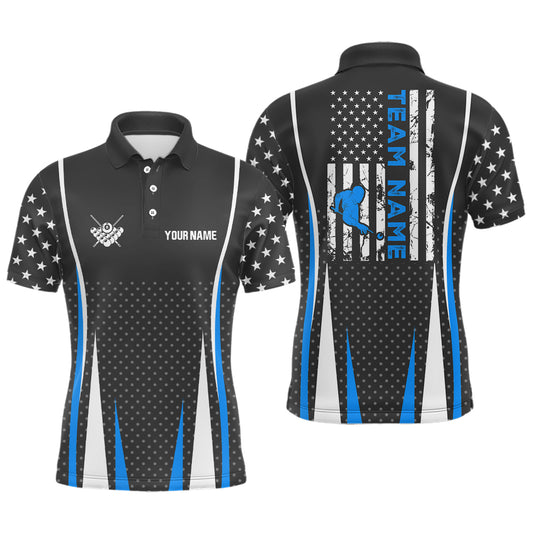 Personalized US Flag Pattern Blue Billiard Polo Shirts For Men, Player Billiards Team Jerseys VHM0144