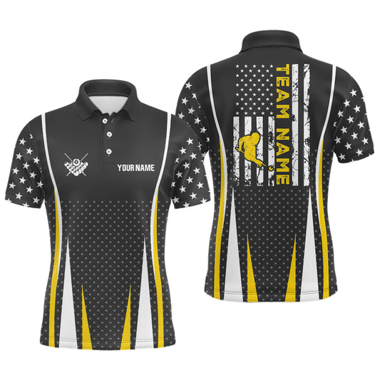 Personalized US Flag Pattern Yellow Billiard Polo Shirts For Men, Player Billiards Team Jerseys VHM0145