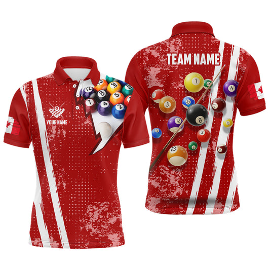 Personalized Red 3D Billiard Balls Polo Shirts For Men, Custom Canadian Flag 8 Ball Pool Jerseys VHM0757