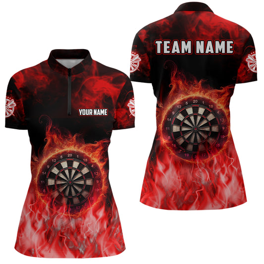 Personalized Flame Red Dart Quarter-Zip Shirts For Women, Dart Team Jerseys Custom Womens Dart Shirts VHM1084