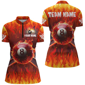 Personalized 3D 8 Ball Pool & Cue Fire Women Quarter-Zip Shirts Custom Billiard Apparel TDM1207