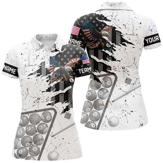 Personalized Eagle Retro American Flag Women Billiard Polo Shirts, Patriotic Pool Player Shirts TDM1100