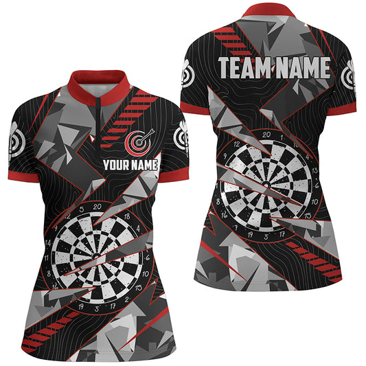 Personalized Black Red Grunge Darts Board Women Quarter-Zip Shirts Team League Darts Jerseys TDM1516