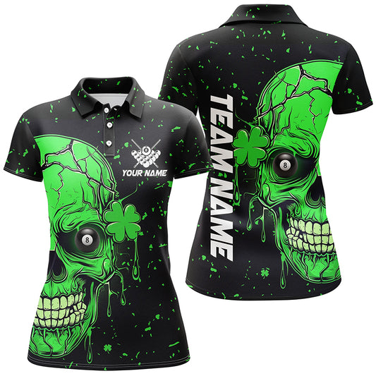 Personalized Patrick 3D Green Skull Luckiest Billiard Women Polo Shirts, Patrick Day Billiard Jerseys TDM1144
