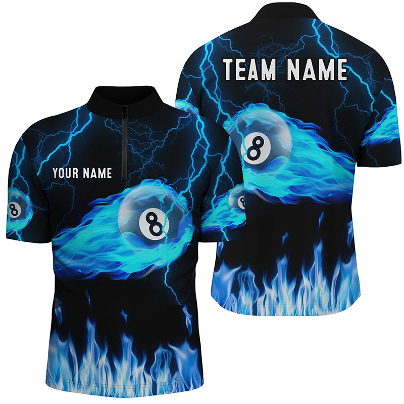 Personalized Blue Flame 8 Ball Thunder 3D Quarter-Zip Shirts For Men, Pool League Shirts TDM0494