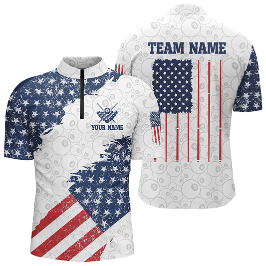 Grunge American Flag Billiard Men Quarter-Zip Shirts Custom US Flag Design Billiard Shirts TDM1064