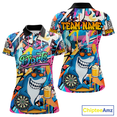 Funny Shark Colorful Graffiti Style Custom Dart Shirts For Women, Dart Team Jersey Best Darts Outfit TDM3849