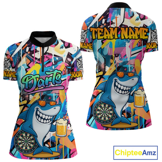 Funny Shark Colorful Graffiti Style Custom Dart Shirts For Women, Dart Team Jersey Darts Outfit TDM3849