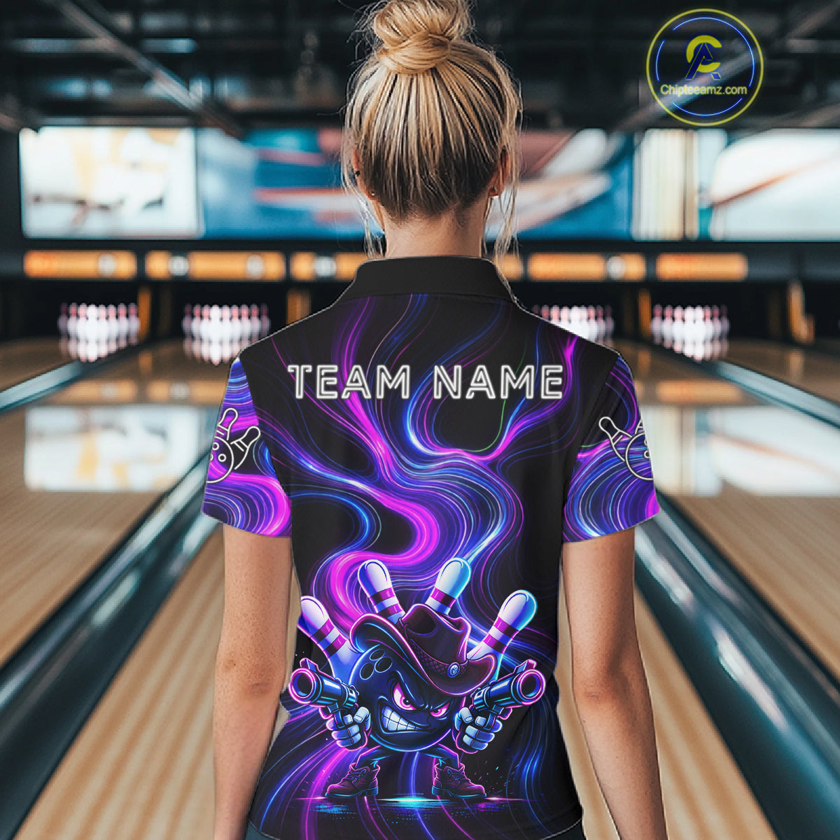 Custome Neon Blue Purple Funny Bowling Shirt For Women, Bowling League Team Jersey Polo & 1/4 Zip TDM6277