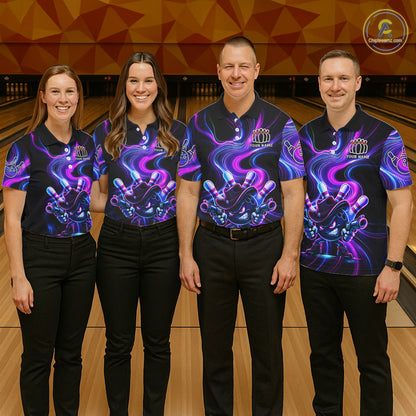 Custome Neon Blue Purple Funny Bowling Shirt For Men, Bowling League Team Jersey Polo & 1/4 Zip TDM6277