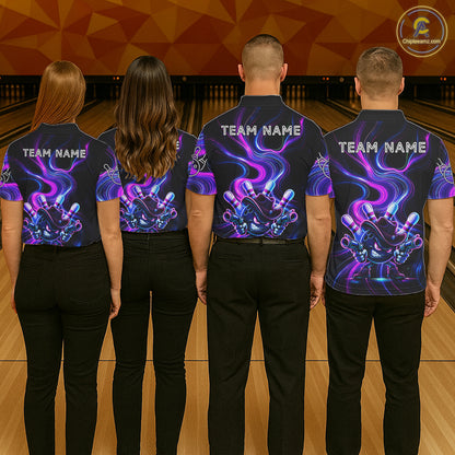 Custome Neon Blue Purple Funny Bowling Shirt For Men, Bowling League Team Jersey Polo & 1/4 Zip TDM6277