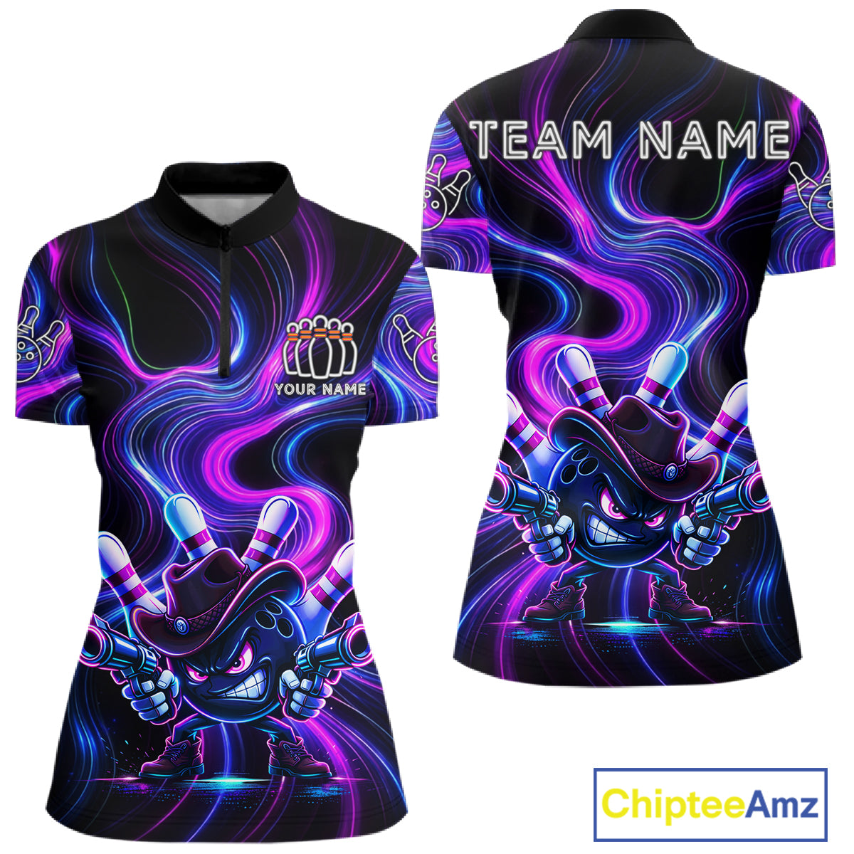 Custome Neon Blue Purple Funny Bowling Shirt For Women, Bowling League Team Jersey Polo & 1/4 Zip TDM6277