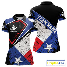 Load image into Gallery viewer, Grunge Texas flag bowling polo shirt for women with patriotic custom team graphics.