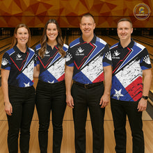 Load image into Gallery viewer, Bowling team wearing matching grunge Texas flag bowling jerseys during tournament matches front view.