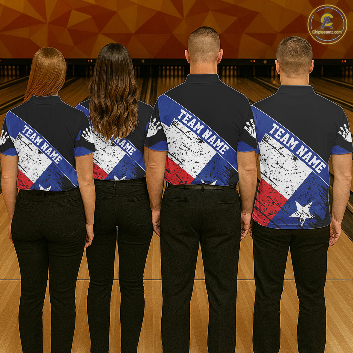 Back view of bowling team wearing matching Texas flag bowling shirts in a bowling alley.