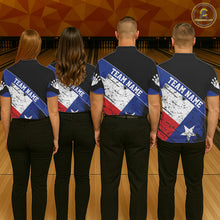 Load image into Gallery viewer, Back view of bowling team wearing matching Texas flag bowling shirts in a bowling alley.