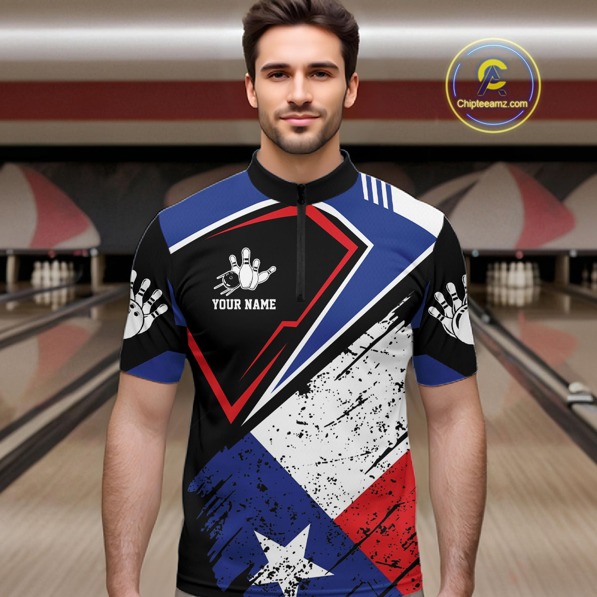Man wearing a grunge Texas flag bowling quarter zip jersey during league play front view.