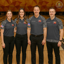 Load image into Gallery viewer, Bowling team wearing matching retro camo US flag patriotic bowling jerseys front view.
