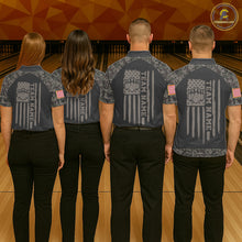 Load image into Gallery viewer, Bowling team wearing matching retro camo US flag patriotic bowling jerseys back view.