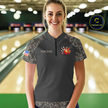 Load image into Gallery viewer, Woman wearing personalized retro camo US flag patriotic bowling quarter zip shirt front view.