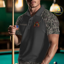 Load image into Gallery viewer, Man wearing personalized retro camo US flag 8 ball pool billiard polo shirt front view.