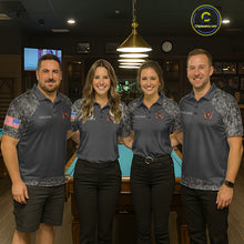 Load image into Gallery viewer, Billiard team wearing matching retro camo US flag 8 ball pool jerseys front view.