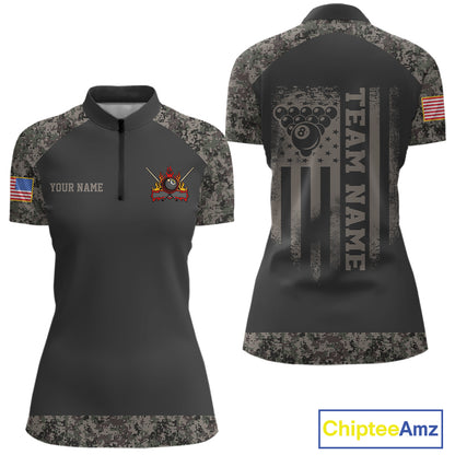 Personalized retro camo US flag 8 ball pool billiard quarter zip shirt for women, custom patriotic pool team jersey.