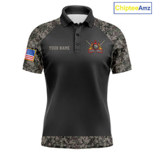 Load image into Gallery viewer, Personalized retro camo US flag patriotic 8 ball pool billiard team jersey polo shirt for men, custom pool league apparel and tournament jersey with vintage camouflage design.