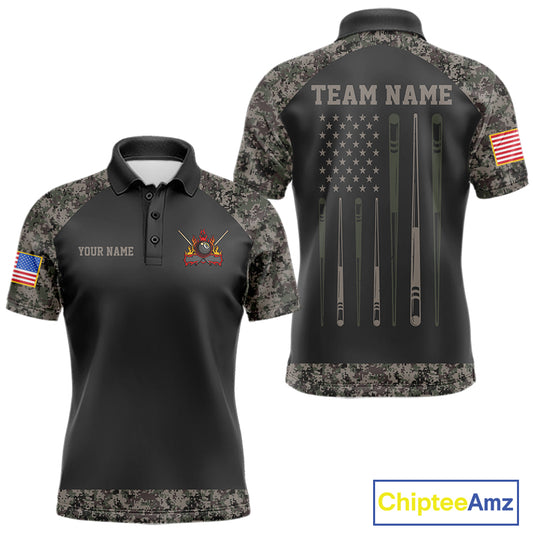 Personalized retro camo US flag patriotic 8 ball pool billiard team jersey polo shirt for men, custom pool league apparel and tournament jersey with vintage camouflage design.