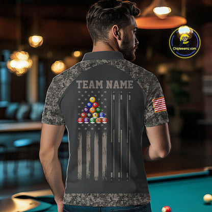 Man wearing personalized retro camo US flag patriotic 8 ball pool billiard polo shirt back view.
