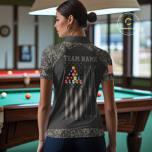 Load image into Gallery viewer, Woman wearing personalized retro camo US flag patriotic 8 ball pool billiard polo shirt back view.