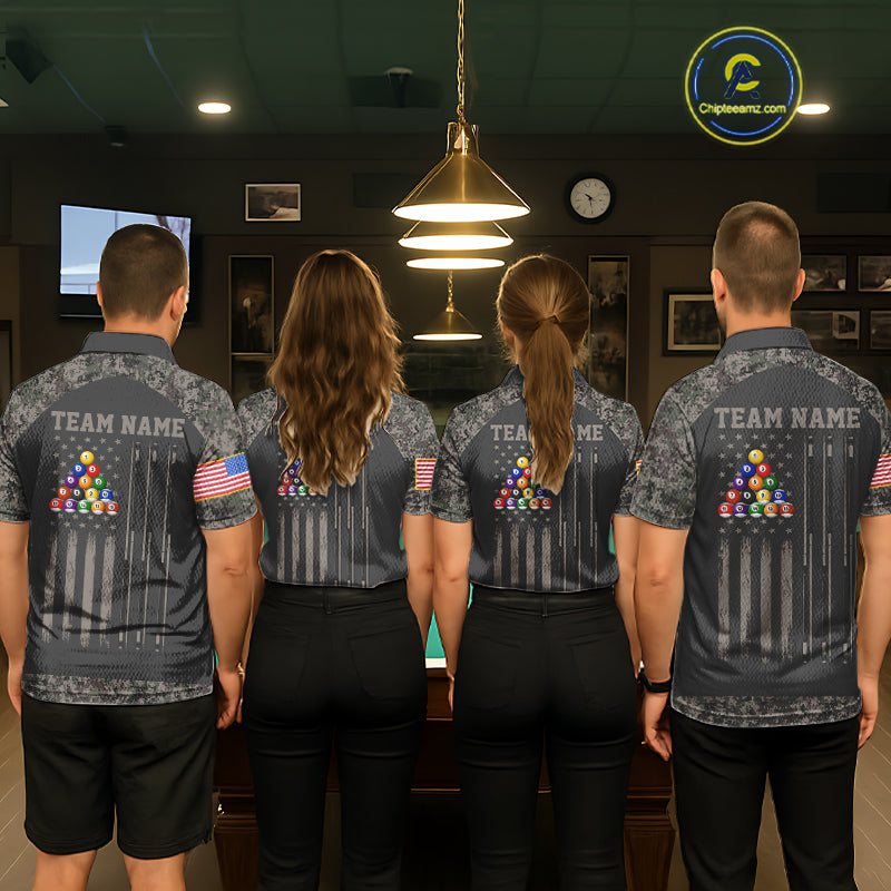 Billiard team wearing matching retro camo US flag patriotic 8 ball pool jerseys back view.