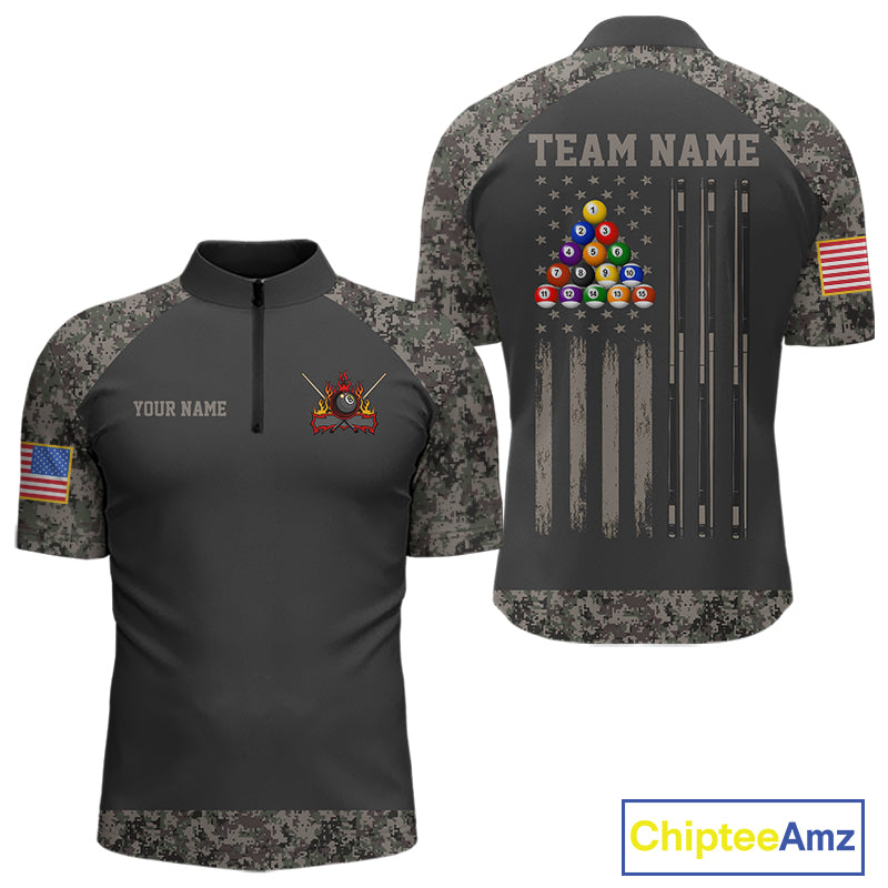 Personalized retro camo US flag patriotic 8 ball pool billiard quarter zip shirt for men, custom patriotic pool team jersey.