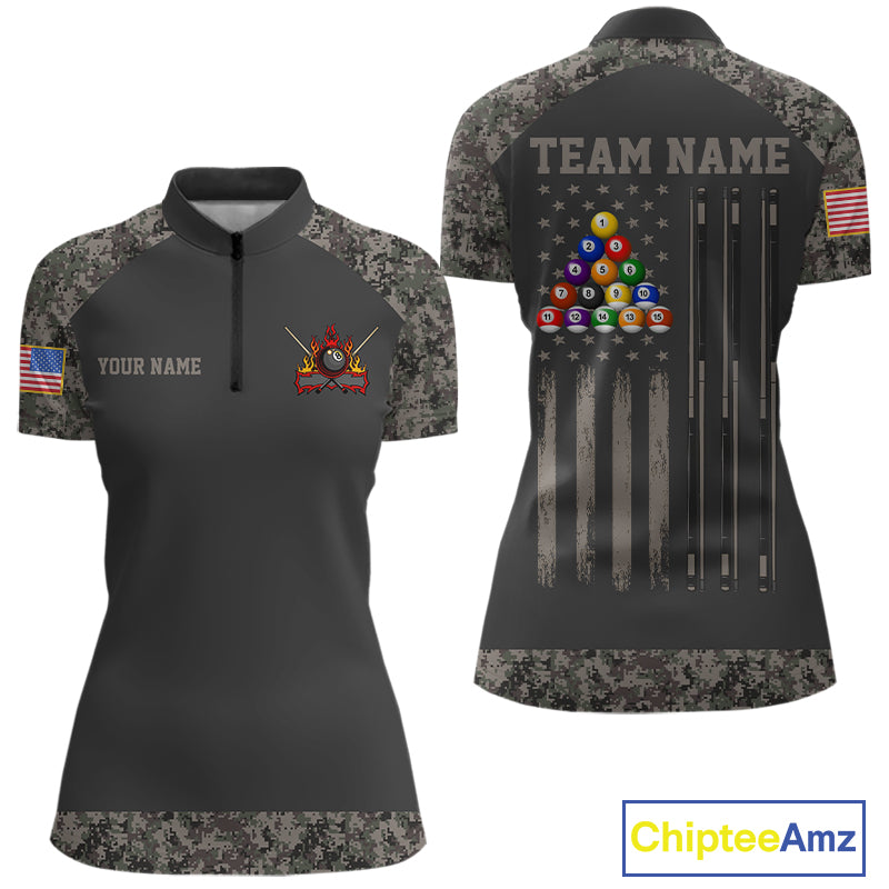 Personalized retro camo US flag patriotic 8 ball pool billiard quarter zip shirt for women, custom patriotic pool team jersey.