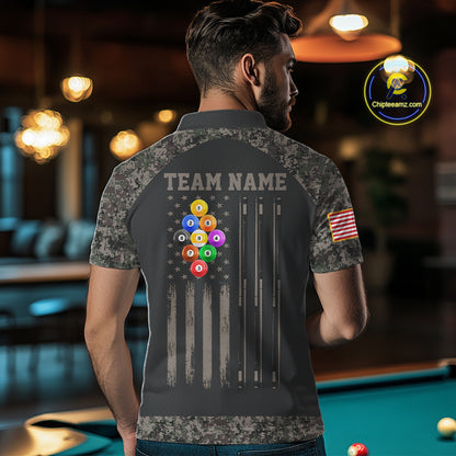 Man wearing personalized retro camo US flag patriotic 9 ball pool billiard polo shirt back view.