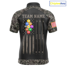 Load image into Gallery viewer, Personalized retro camo US flag patriotic 9 ball pool billiard team jersey polo shirt for men, custom pool league apparel and tournament jersey.
