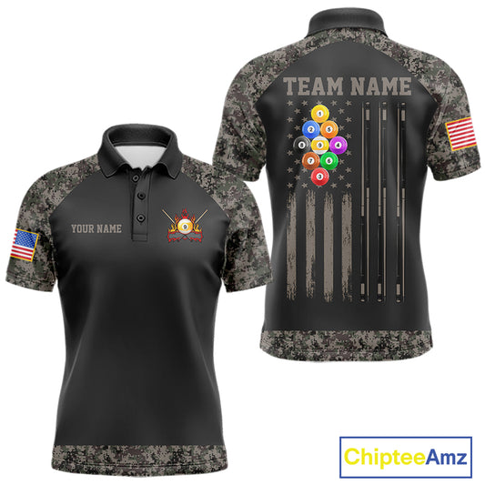 Personalized retro camo US flag patriotic 9 ball pool billiard team jersey polo shirt for men, custom pool league apparel and tournament jersey.