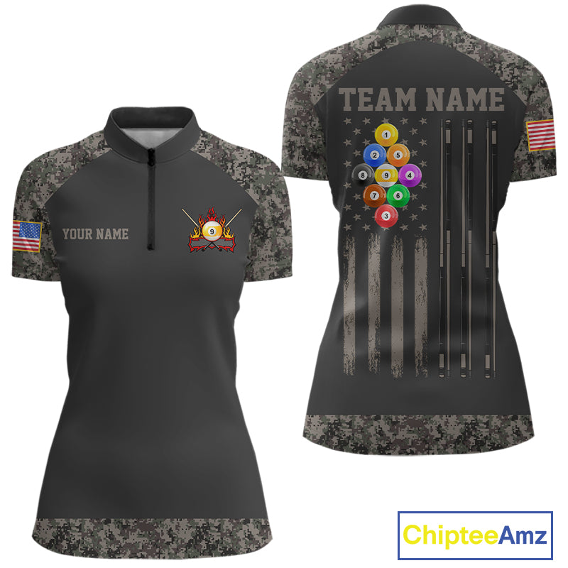Personalized retro camo US flag patriotic 9 ball pool billiard quarter zip shirt for women, custom patriotic pool team jersey.