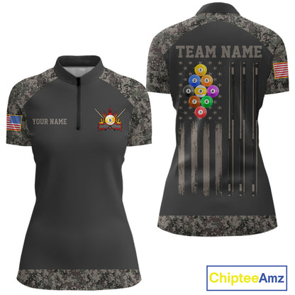 Personalized retro camo US flag patriotic 9 ball pool billiard quarter zip shirt for women, custom patriotic pool team jersey.