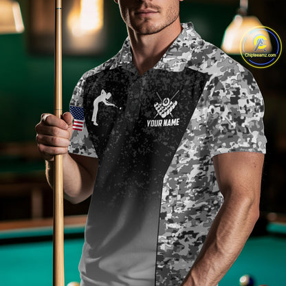 Man wearing black and white camo US flag 8 ball pool billiard polo shirt front view.