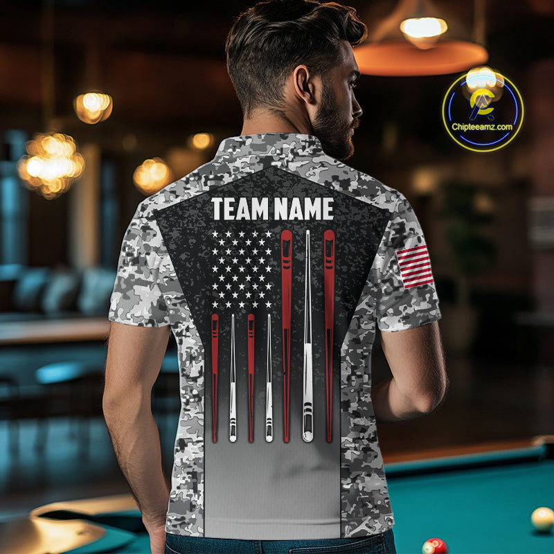 Man wearing black and white camo US flag 8 ball pool billiard polo shirt back view.