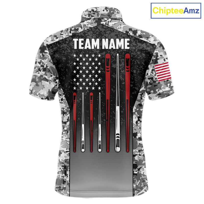 Black and white camo US flag 8 ball pool billiard team jersey polo shirt for men, custom patriotic pool league apparel and tournament jersey.