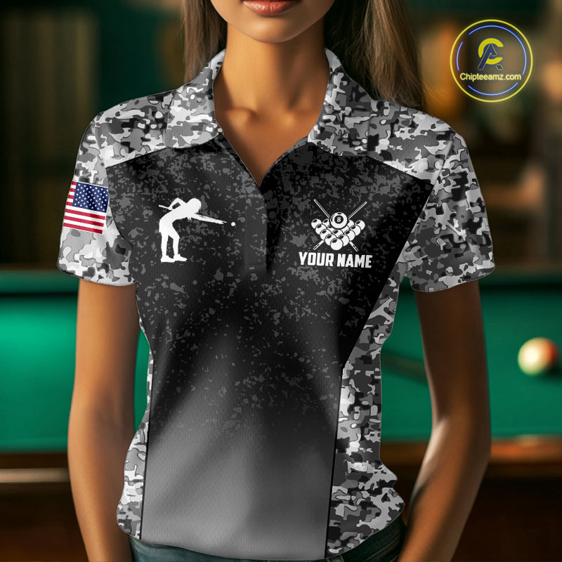 Woman wearing black and white camo US flag 8 ball pool billiard polo shirt front view.