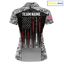 Load image into Gallery viewer, Black and white camo US flag 8 ball pool billiard team jersey polo shirt for women, custom patriotic pool league apparel and tournament jersey.