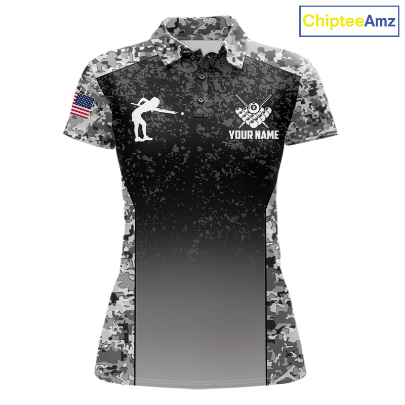 Black and white camo US flag 8 ball pool billiard team jersey polo shirt for women, custom patriotic pool league apparel and tournament jersey.