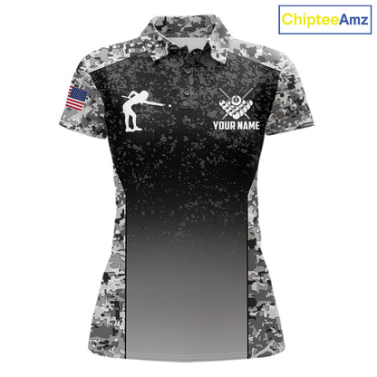 Black and white camo US flag 8 ball pool billiard team jersey polo shirt for women, custom patriotic pool league apparel and tournament jersey.