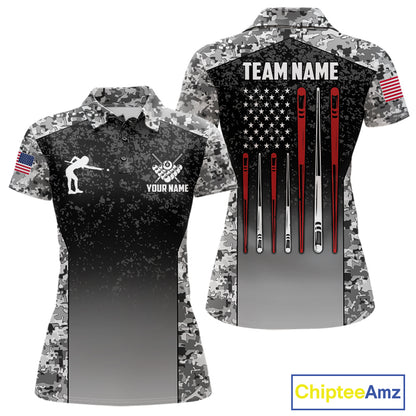 Black and white camo US flag 8 ball pool billiard team jersey polo shirt for women, custom patriotic pool league apparel and tournament jersey.