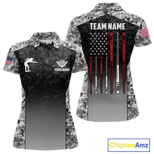 Load image into Gallery viewer, Black and white camo US flag 8 ball pool billiard team jersey polo shirt for women, custom patriotic pool league apparel and tournament jersey.